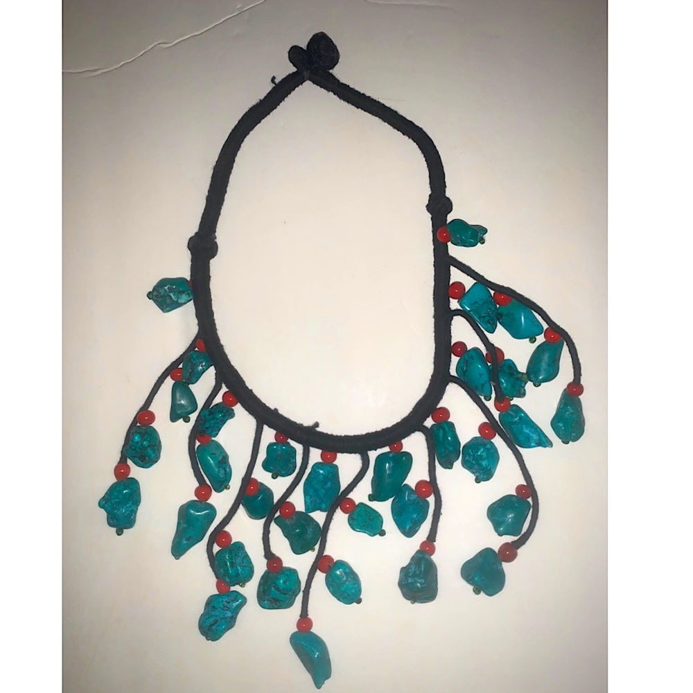 Faux Turquoise & Red Coral necklace chunky heavy approx 16” statement piece